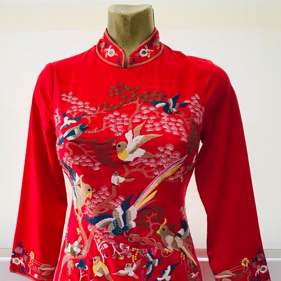 Heavily-EMBROIDERED Bird Theme CHINOISERIE Dress S - Picture 6 of 16